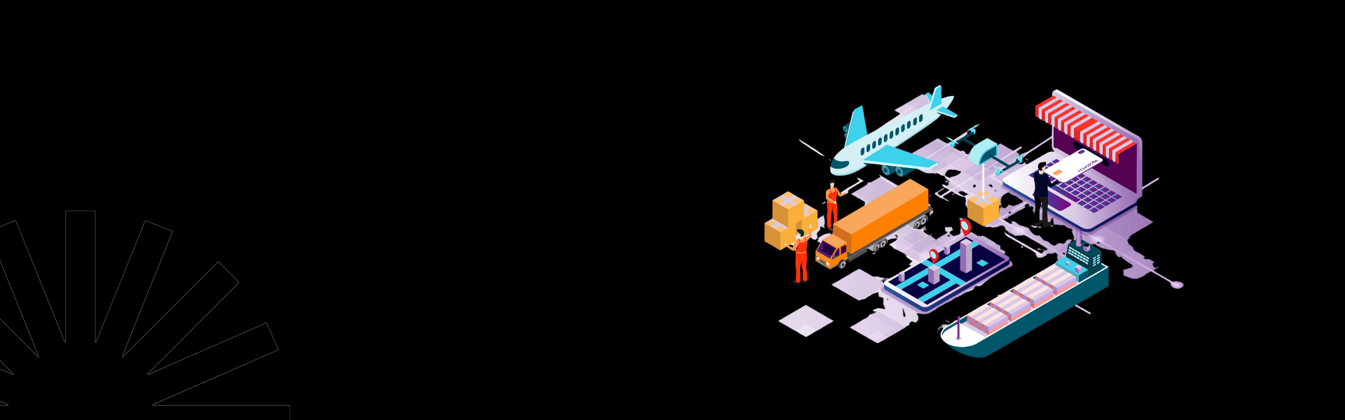 An illustrated global supply chain with airplanes, trucks, ships, and online ordering