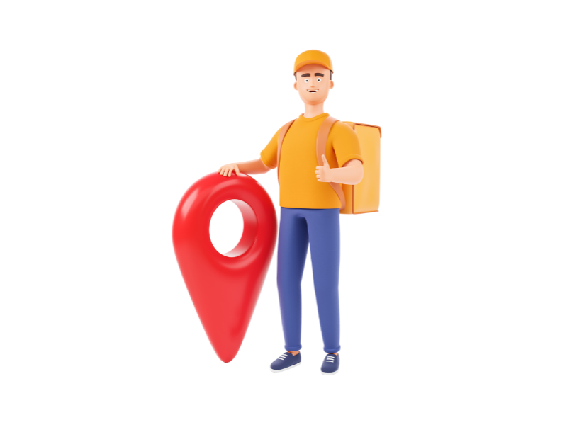 a delivery man holding a location pin