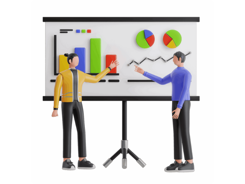 two people discussing business with a presentation