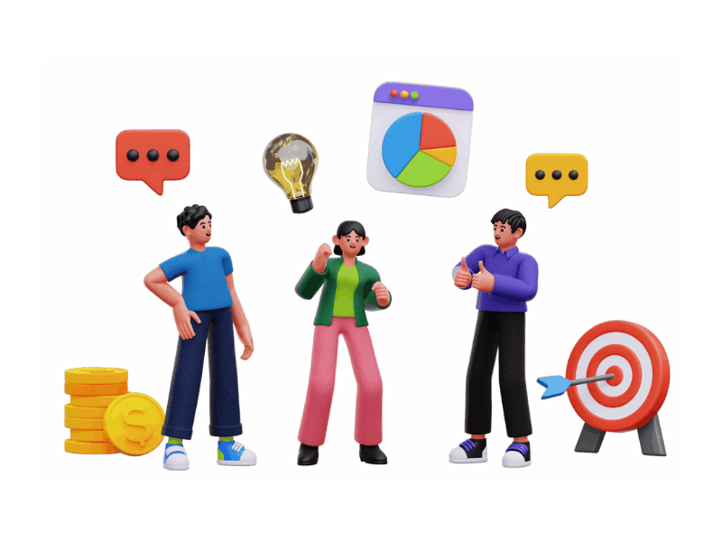 Three people discussing ideas and goals