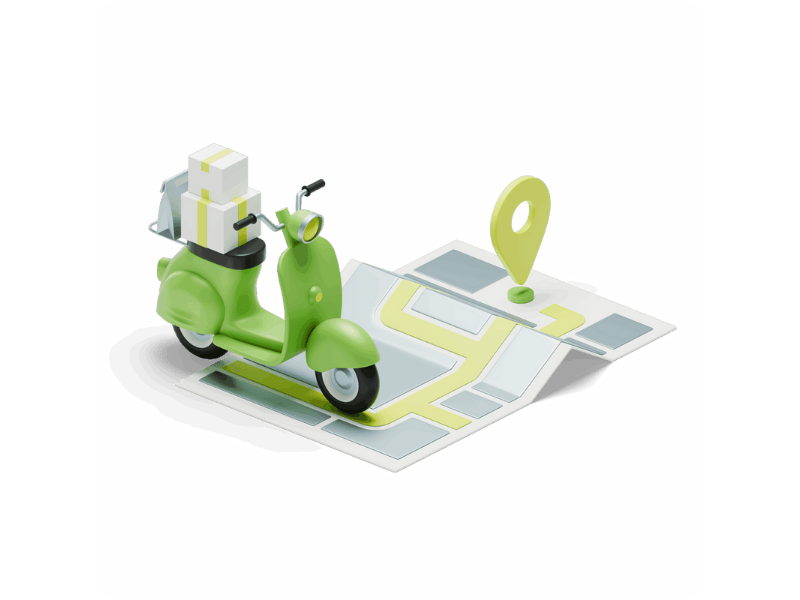 a scooter against a backdrop of a map