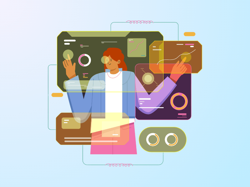 a user interacting with multiple visual dashboards