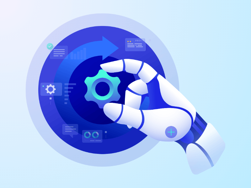 a robotic hand holding up a gear icon against a workflow backdrop