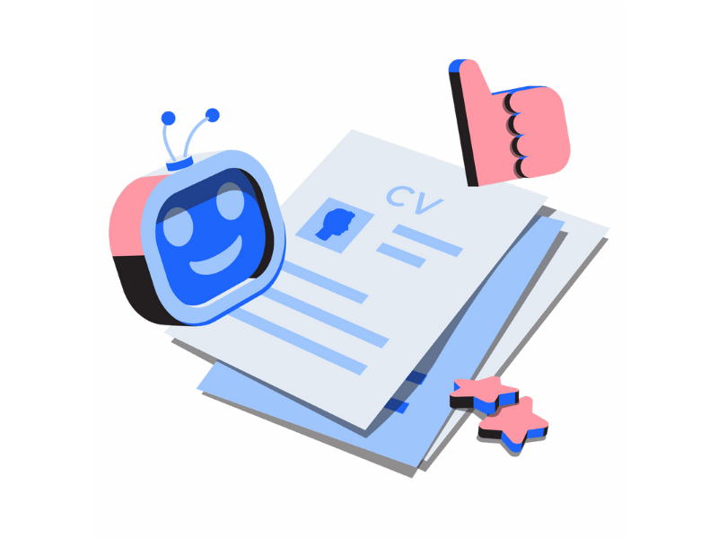 3D image showing CVs with icons of a robot, thumbs up and stars