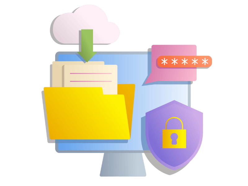 a computer with icons of cloud storage, and security