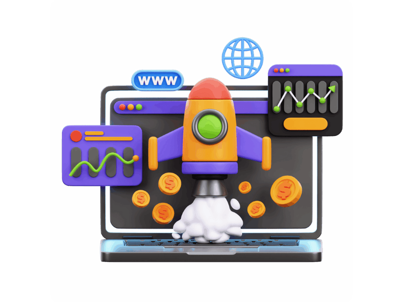 3D rocket against a computer backdrop