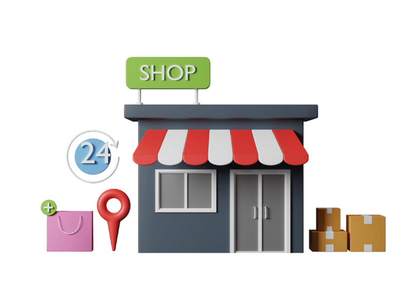 a scene from outside a store with delivery parcels, and 24 hour icon