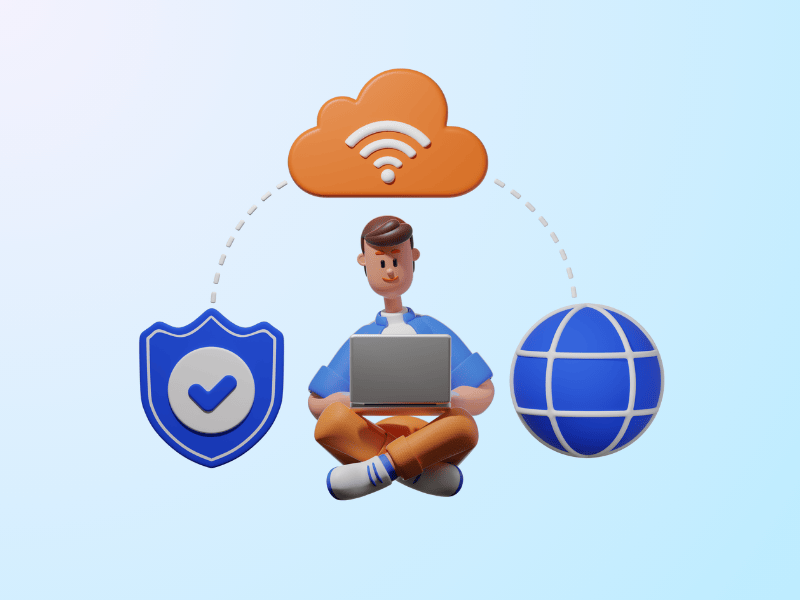 A person using a laptop connected to cloud, security, and global network icons