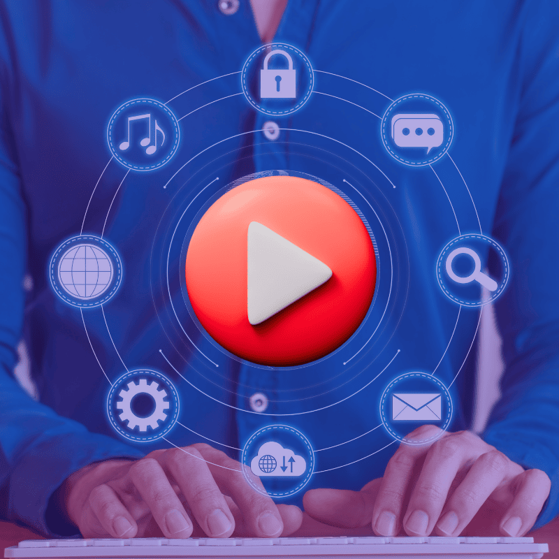 a play button surrounded by various digital elements