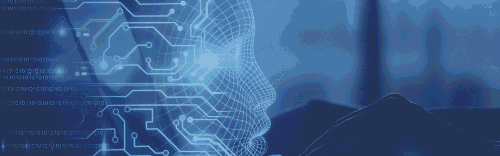 A person typing on a laptop with a glowing AI circuit face overlay
