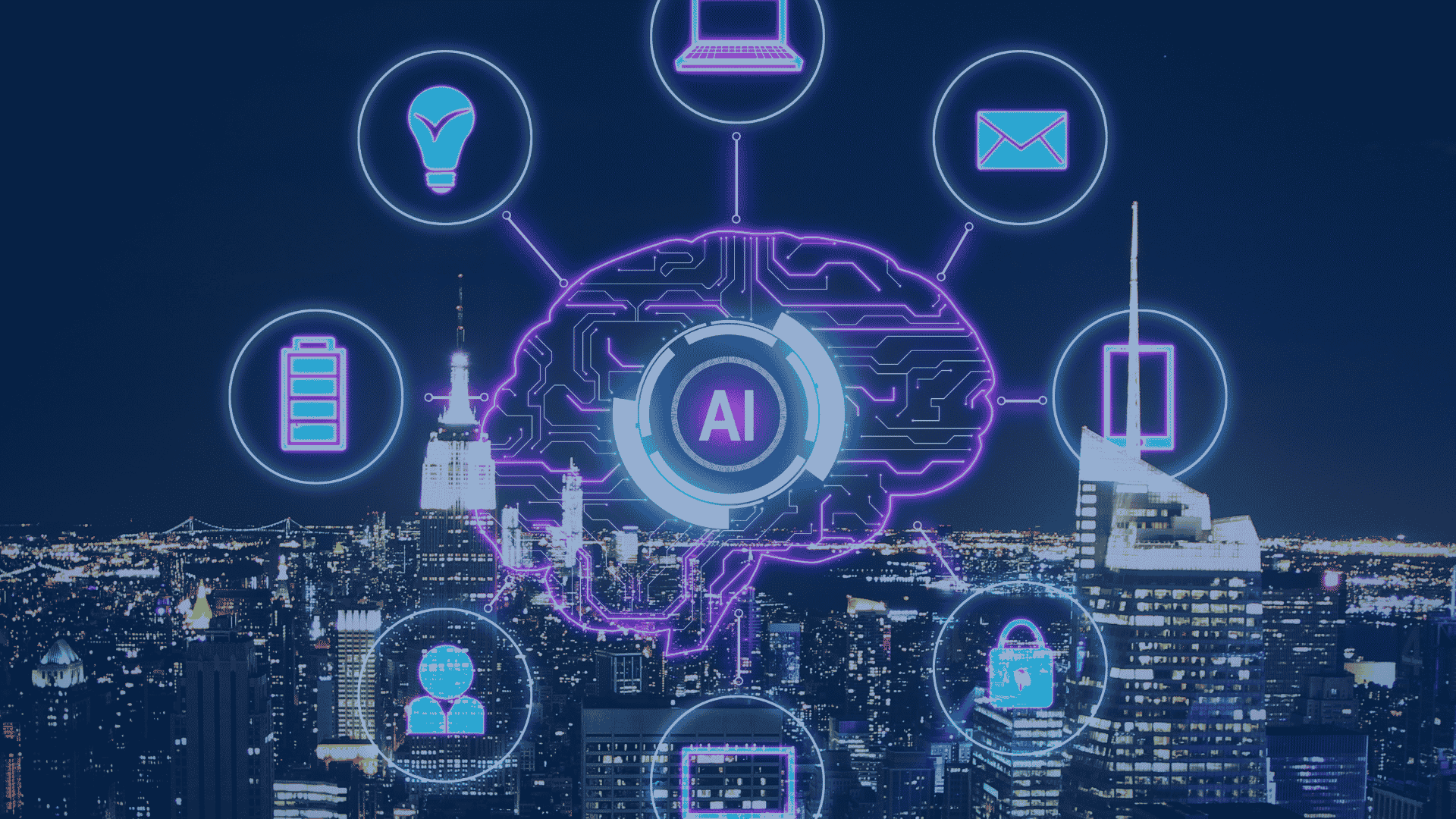 AI-powered workflow automation and enterprise integration visualized through glowing neural circuits