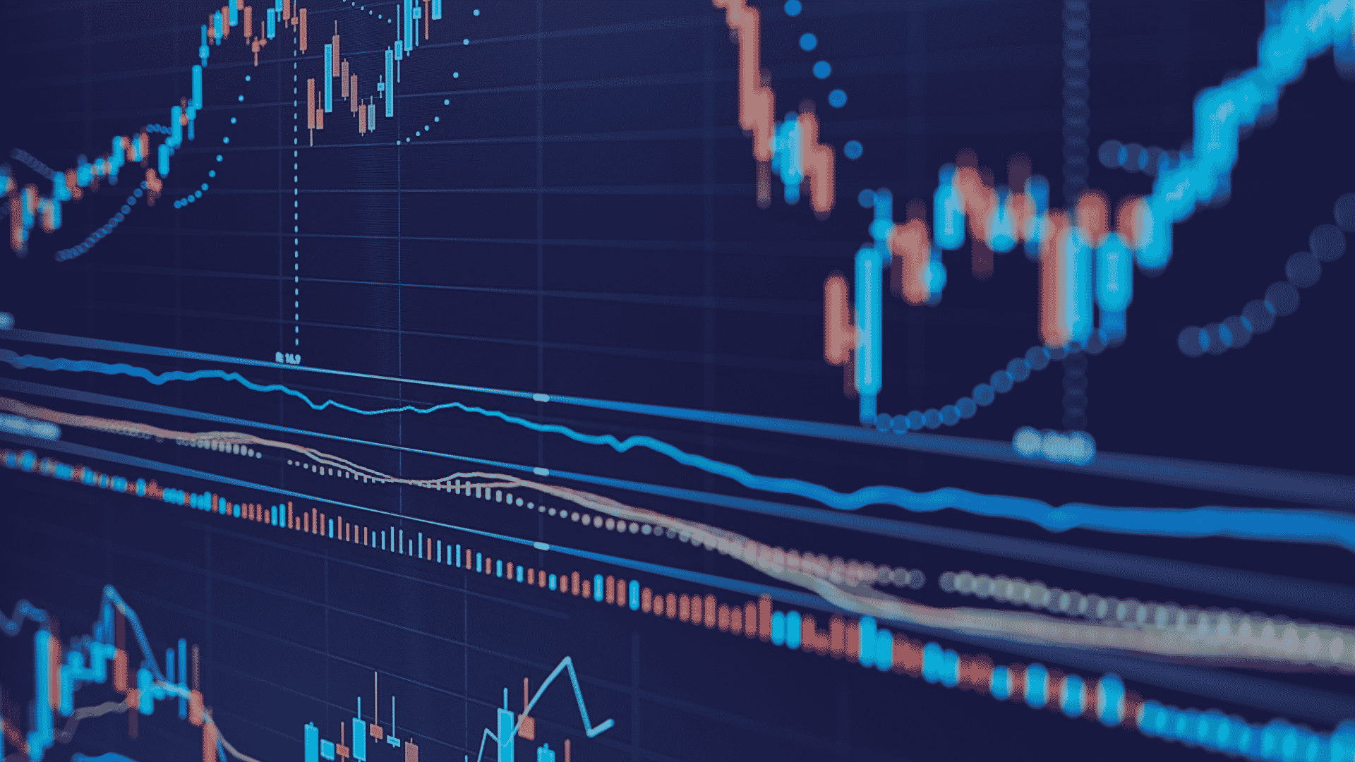 Live data monitoring screen showing candlestick charts and trend analysis