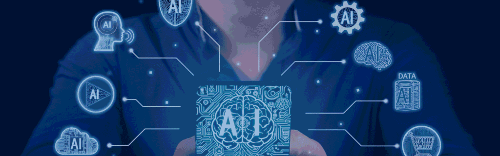 Futuristic AI concept banner showing a glowing brain chip on a smartphone connected to icons for automation, data, security, and e-commerce