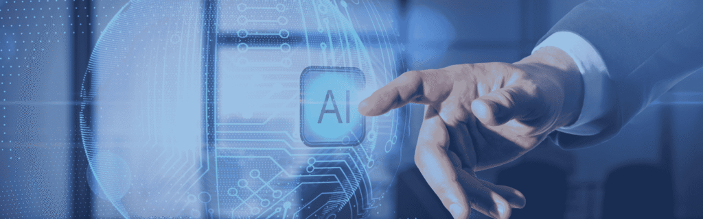 Close-up of a businessman's hand reaching toward a glowing digital "AI" icon