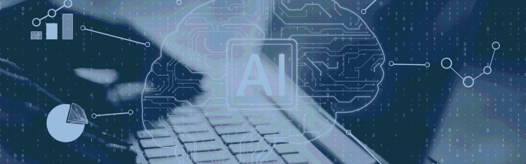 hands typing on a laptop with an AI brain graphic overlay, representing workflow automation connected to data, security, and cloud systems across industries.