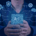 Man holding a smartphone displaying an AI brain chip icon, surrounded by connected AI application icons including security, data, and automation