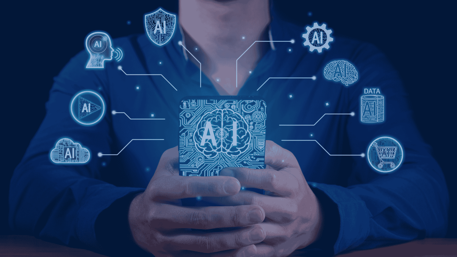 Man holding a smartphone displaying an AI brain chip icon, surrounded by connected AI application icons including security, data, and automation