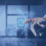 A hand in a suit sleeve touches a translucent blue "AI" button