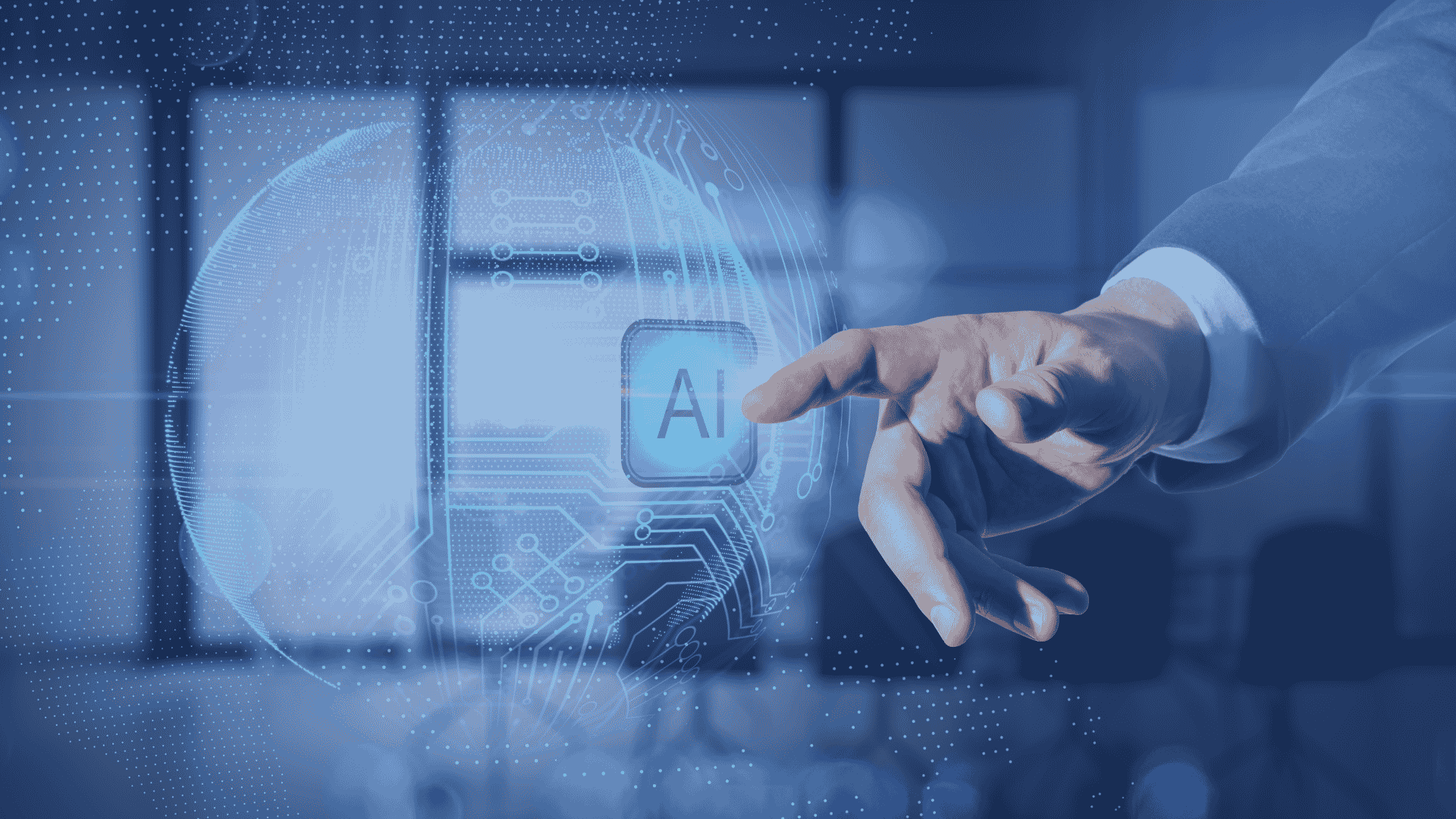 A hand in a suit sleeve touches a translucent blue "AI" button
