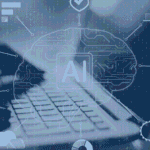 close-up of a laptop keyboard with a digital brain and circuit diagram overlay labeled "AI," surrounded by charts, graphs, and technology icons.