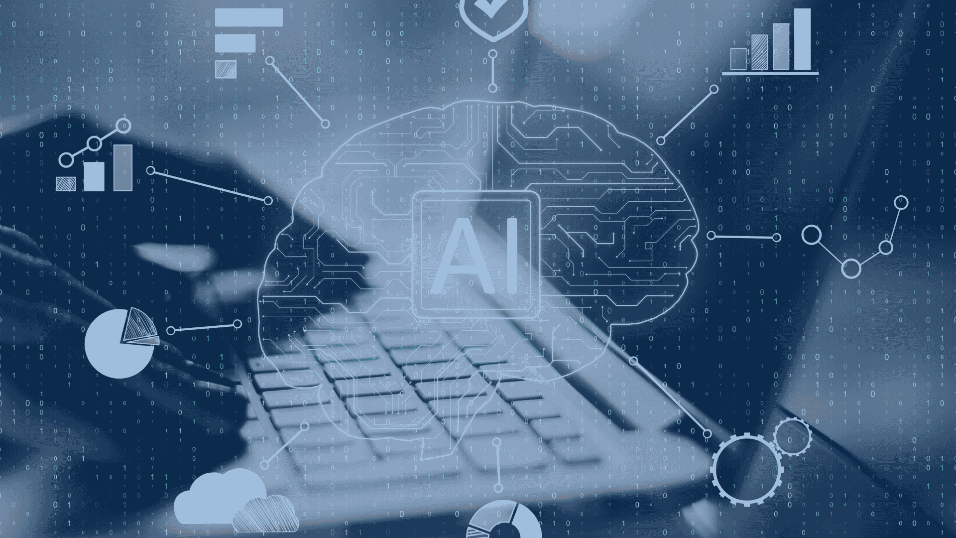 close-up of a laptop keyboard with a digital brain and circuit diagram overlay labeled "AI," surrounded by charts, graphs, and technology icons.
