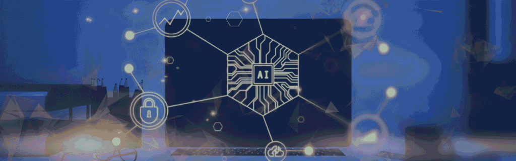 Laptop screen displaying a glowing AI microchip icon connected to network nodes