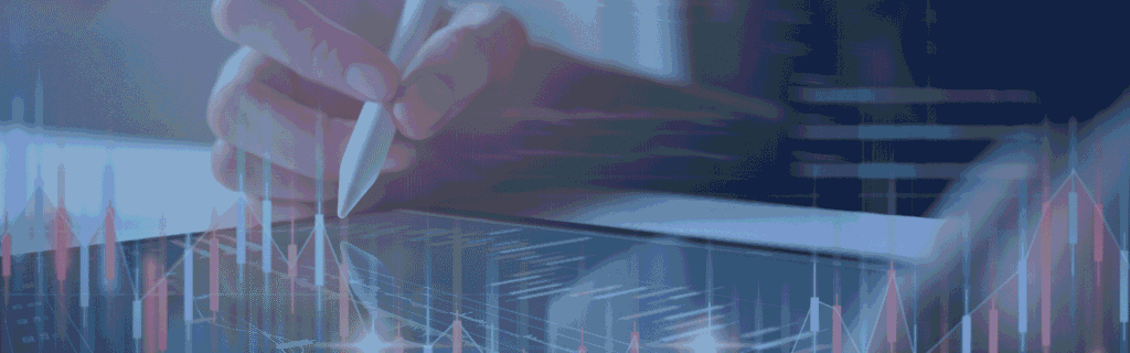 Hand holding a digital pen over a tablet displaying market trends