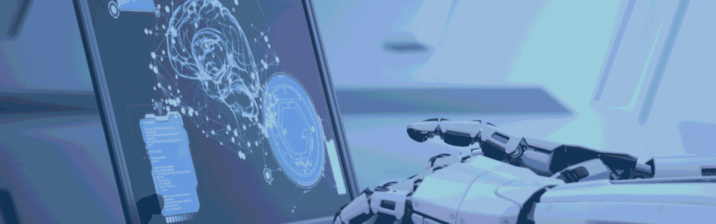 robotic hands typing on the laptop, while the laptop displays a digitalized brain visual