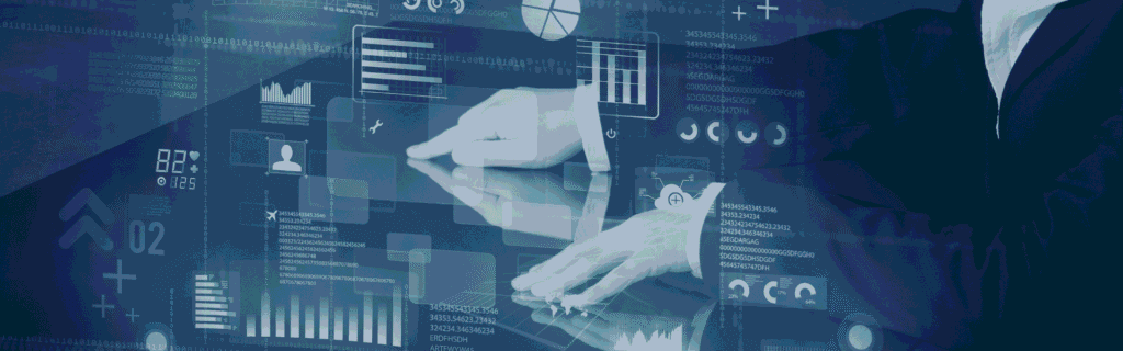 A person interacting with a screen displaying charts, and data