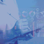 Professional using a tablet with an interactive data dashboard displaying real-time analytics and performance metrics