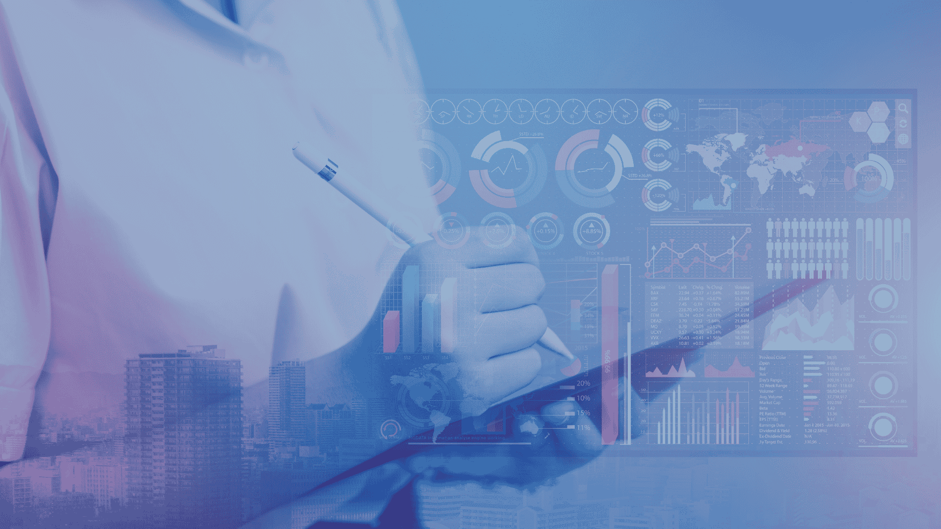 Professional using a tablet with an interactive data dashboard displaying real-time analytics and performance metrics