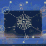 AI-powered laptop on a desk, with glowing icons for search, security, growth analytics, and cloud connectivity