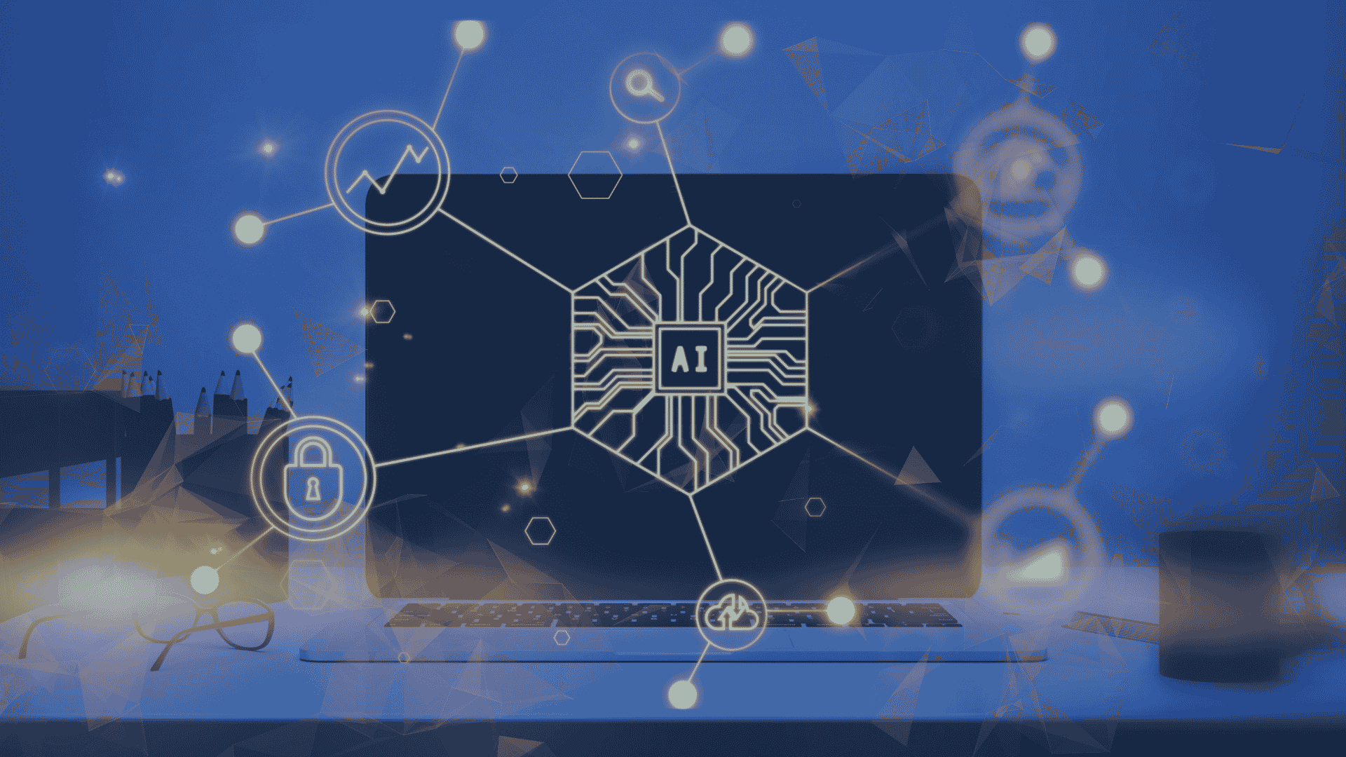 AI-powered laptop on a desk, with glowing icons for search, security, growth analytics, and cloud connectivity