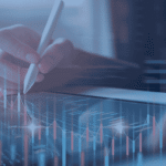 Close-up of a person using a stylus on a tablet with transparent charts and graphs