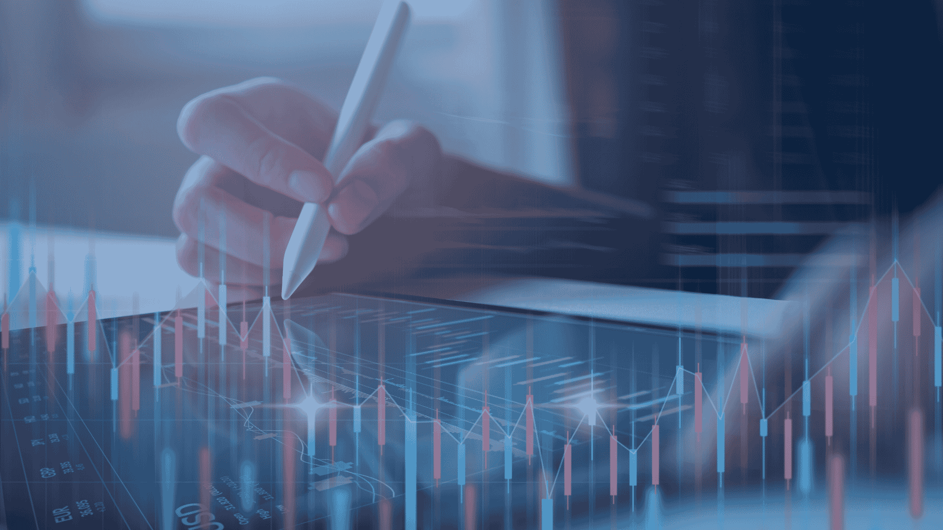 Close-up of a person using a stylus on a tablet with transparent charts and graphs