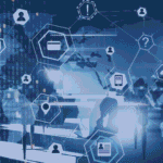 person at desk surrounded by data icons representing cybersecurity, cloud computing, and global network connections