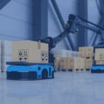 Warehouse robots and a robotic arm coordinate the movement and handling of inventory, showcasing AI-driven automation in modern supply chain operations.