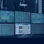 Multi-monitor workstation displaying business analytics dashboards, performance metrics, financial reports, and data visualizations