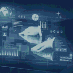 Businesswoman interacting with a futuristic touchscreen displaying data charts, graphs, and network visualizations