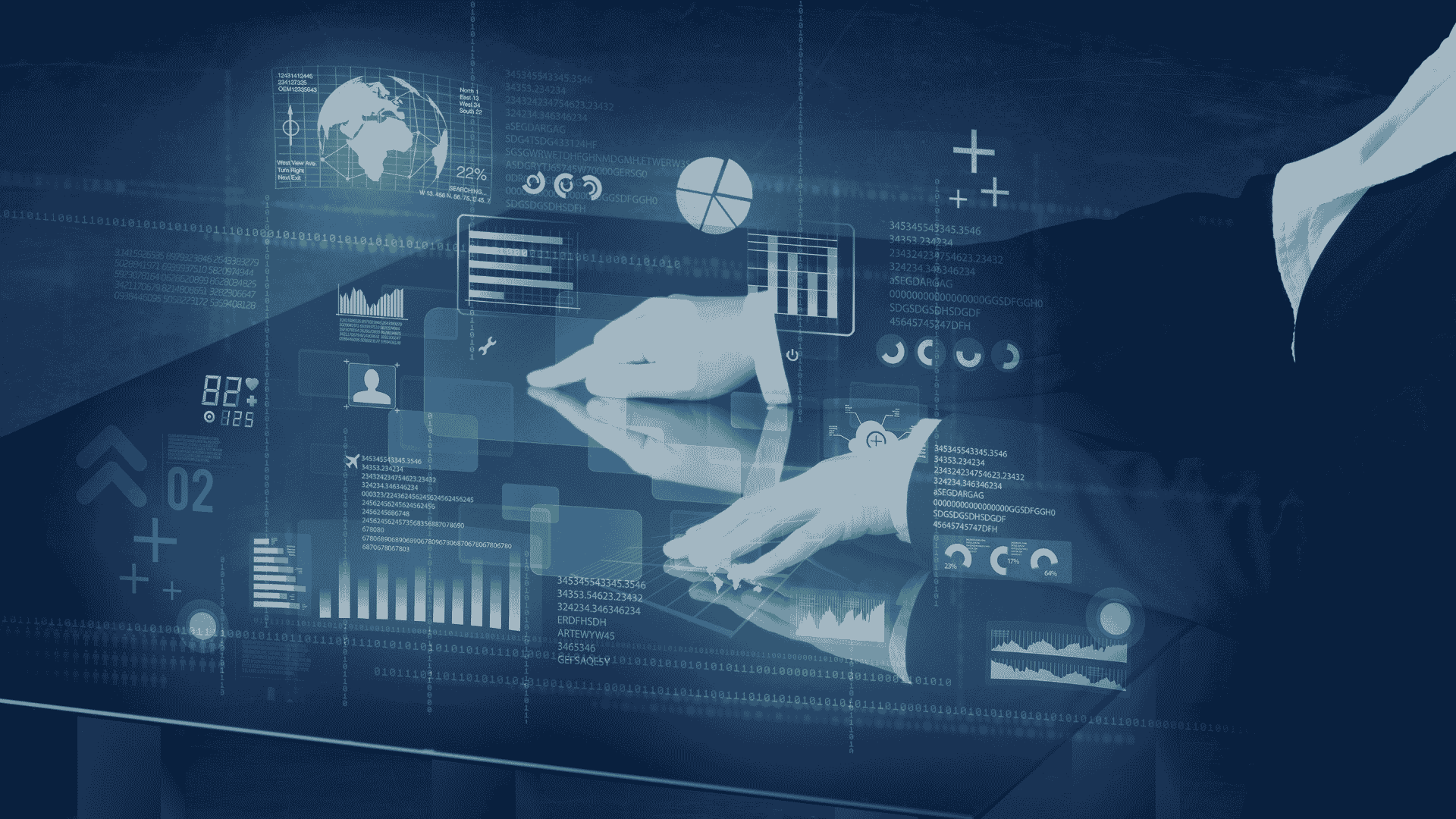Businesswoman interacting with a futuristic touchscreen displaying data charts, graphs, and network visualizations