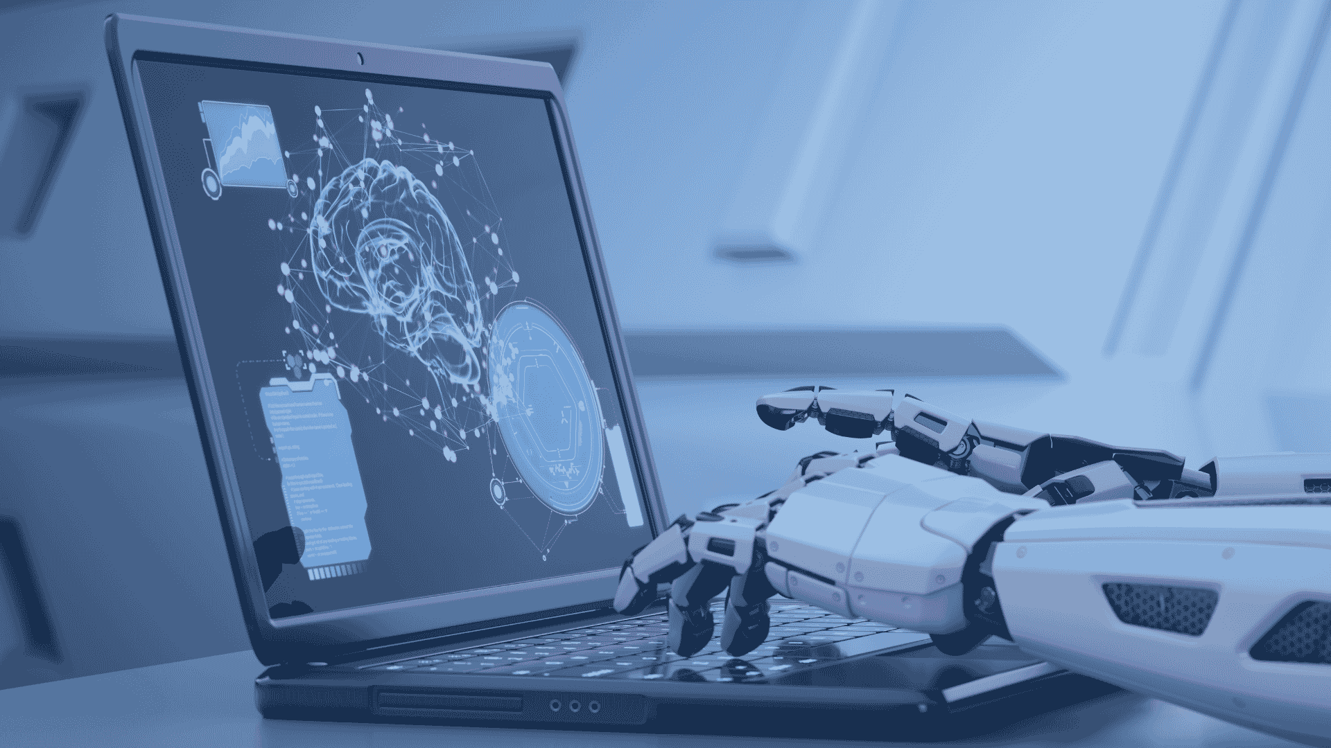White robotic hand typing on a laptop keyboard displaying a digital brain and data network