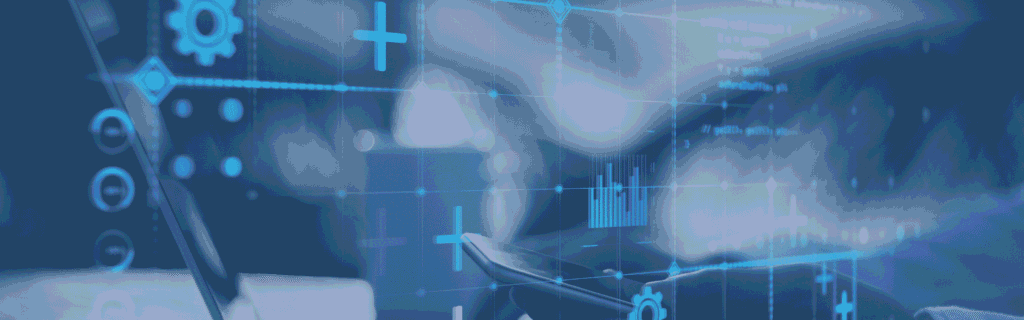 Close-up of a hand using a smartphone beside an open laptop, overlaid with glowing blue holographic financial graphics
