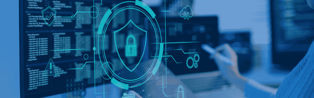 IT professional reviewing cybersecurity data on multiple monitors with a digital shield and lock overlay