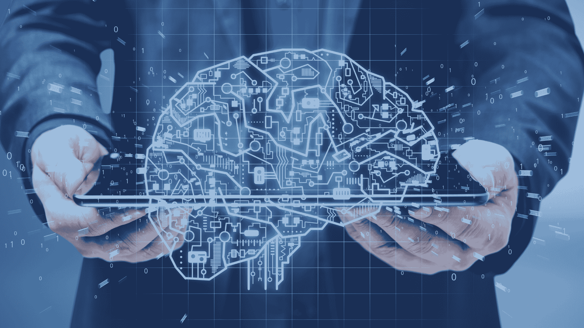 Close-up of two hands holding a tablet, with a transparent, circuit-patterned brain graphic floating above it