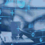 Double-exposure style image blending a laptop and smartphone with digital data visualizations: charts, percentages, and financial icon