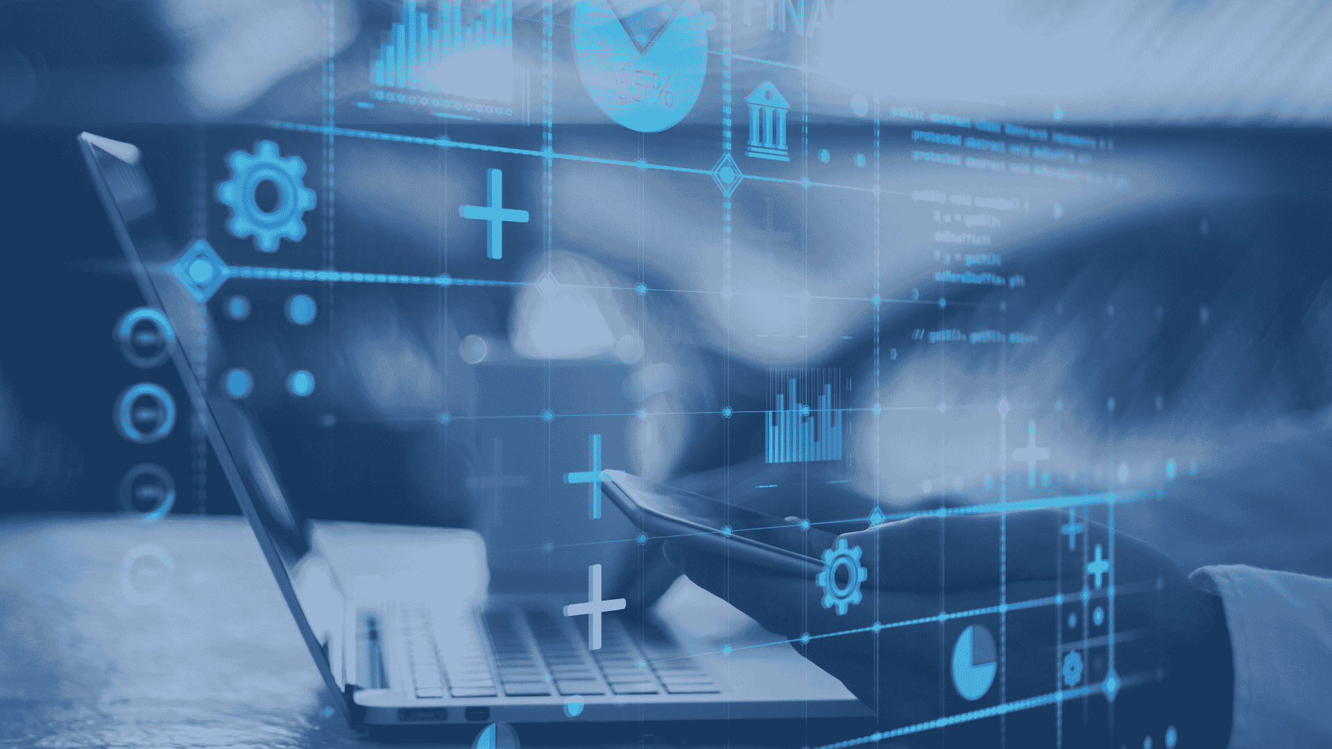 Double-exposure style image blending a laptop and smartphone with digital data visualizations: charts, percentages, and financial icon