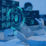 Cybersecurity professional analyzing security dashboards and system data on multiple screens with digital shield, lock, and network protection graphics.