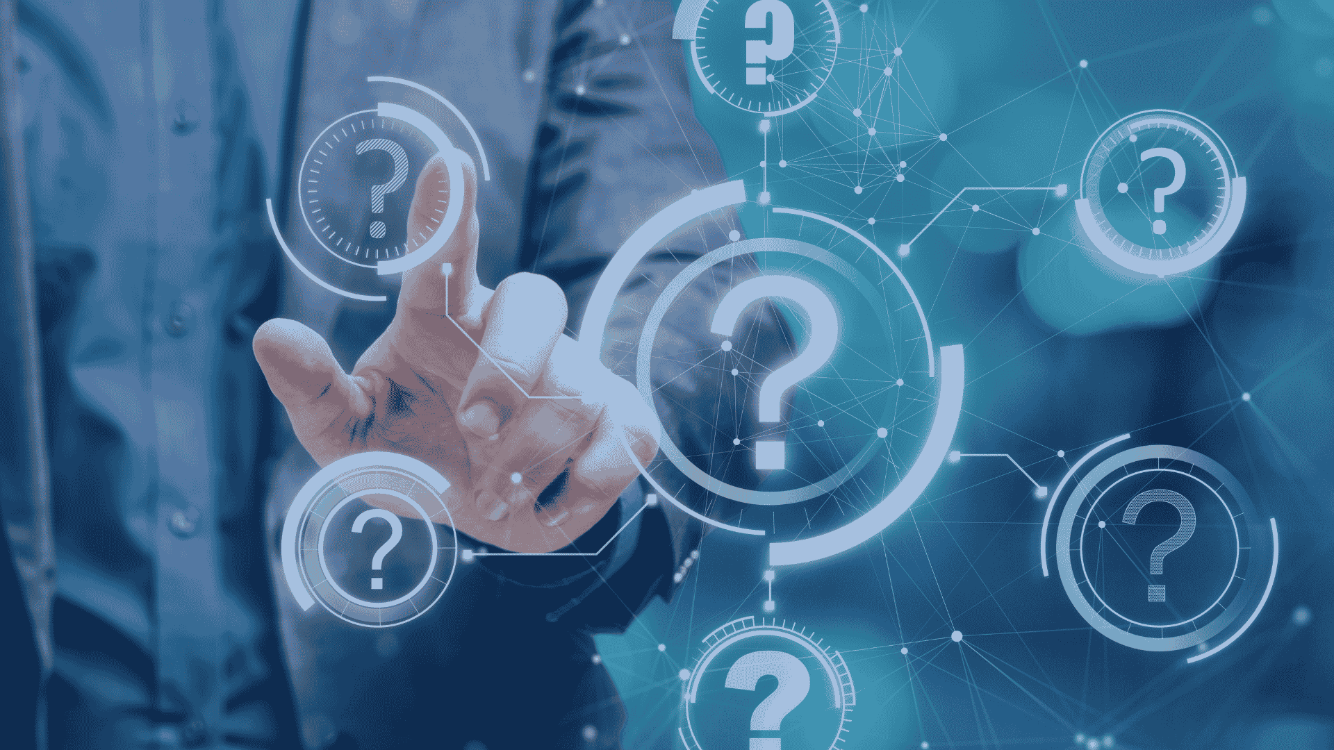Person in a business suit tapping a glowing question mark on a futuristic screen
