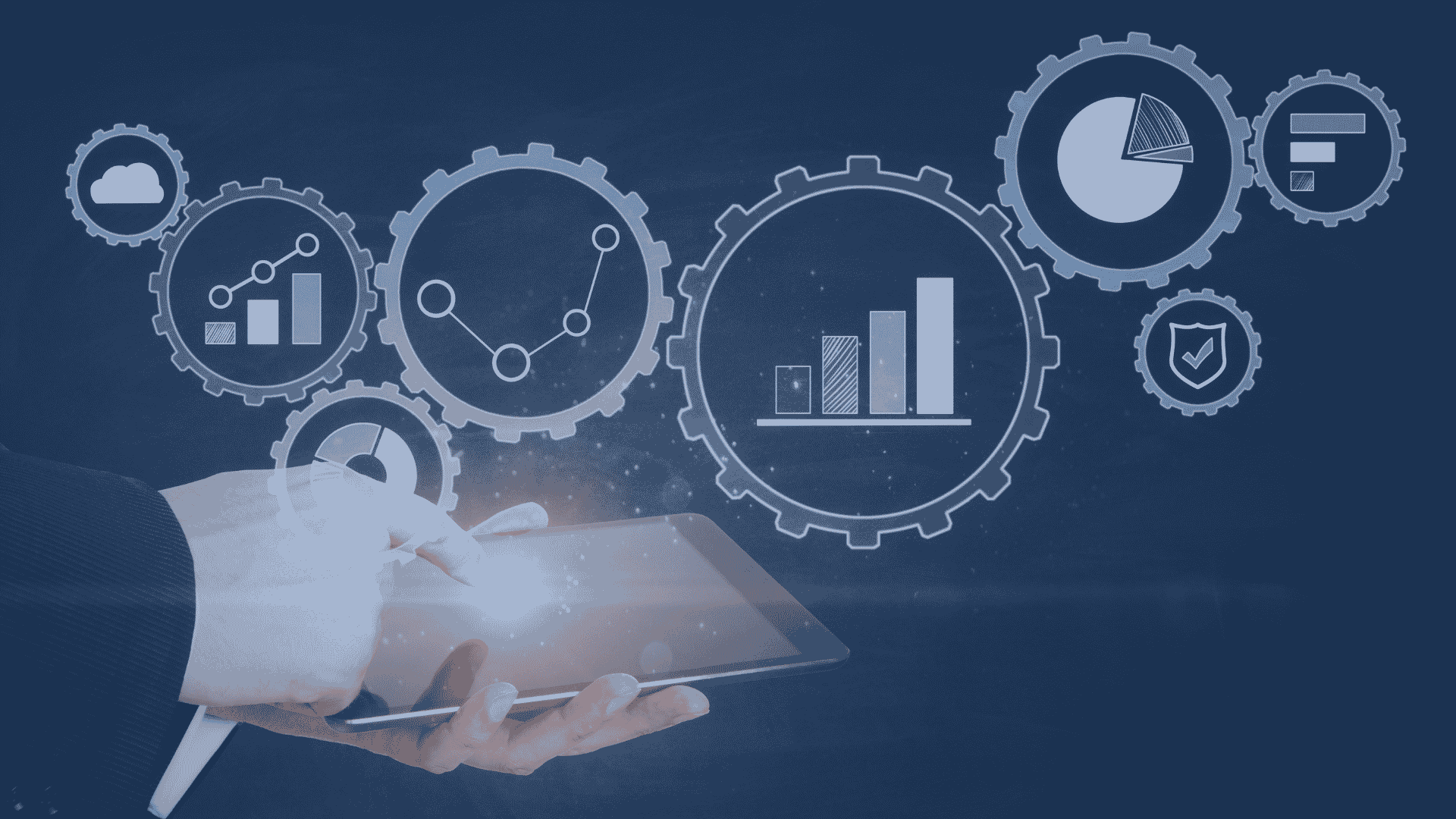 Illustration of business data analytics: a hand using a tablet