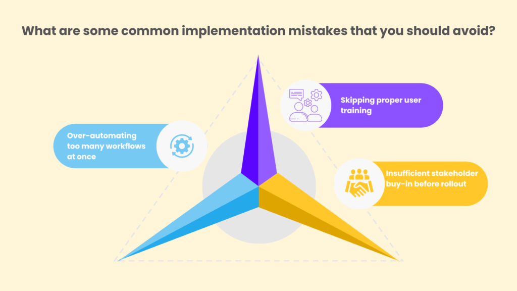 Infographic of three workflow automation implementation mistakes: over-automating, skipping training, weak buy-in